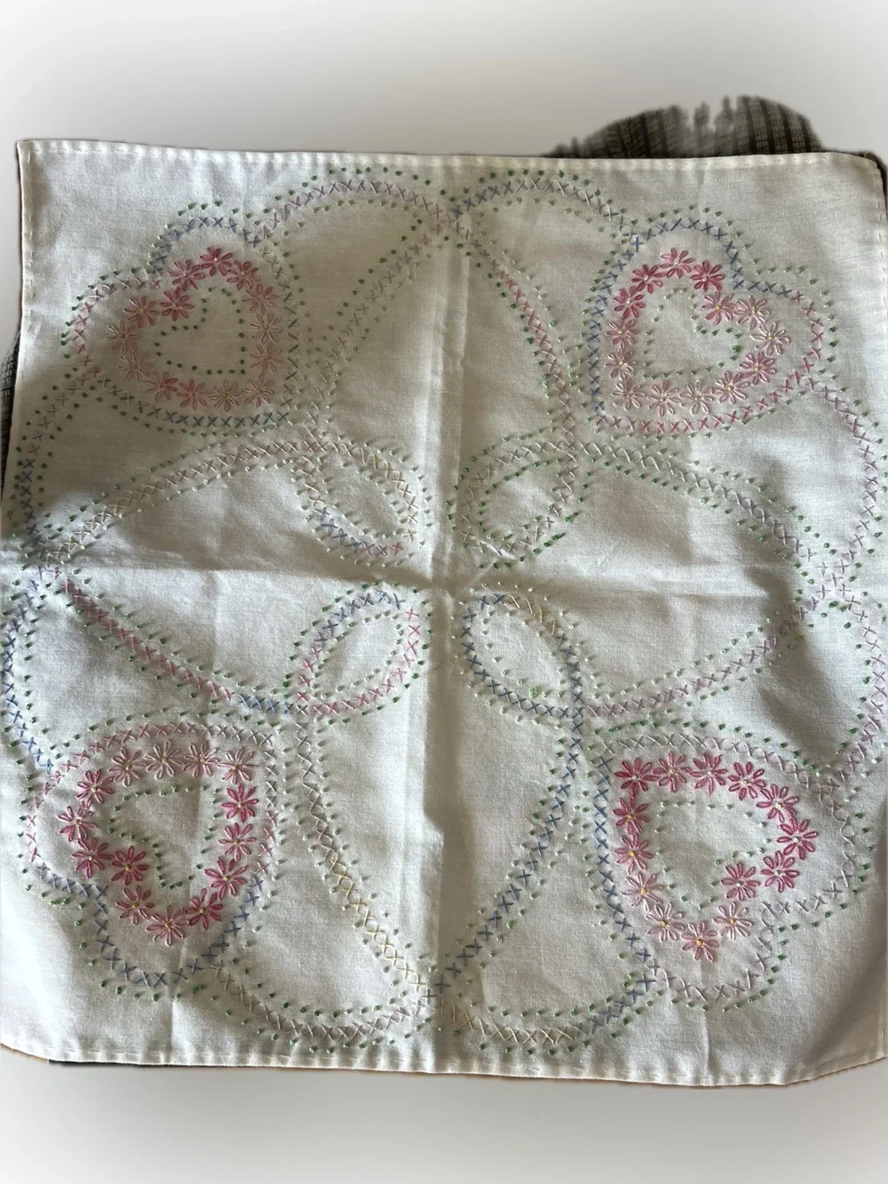 Vintage Embroidered Heart Motif Linen Square - Pastel Pink & Green 17”
